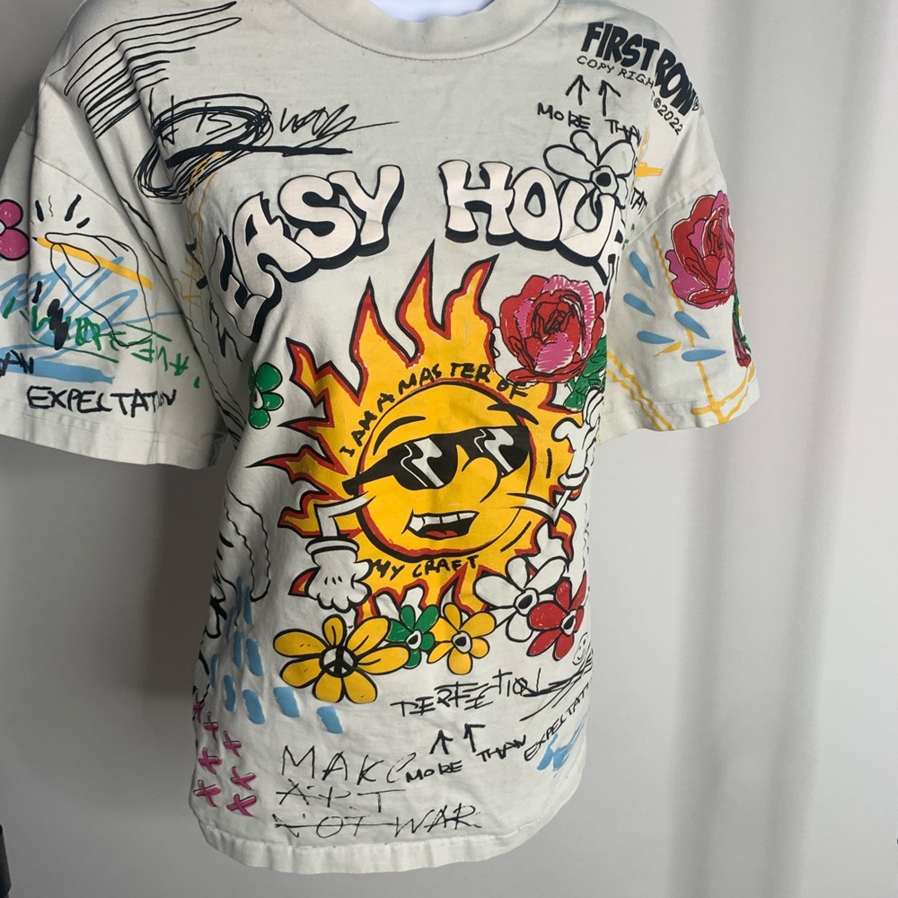 Graphic Tee with Sun and Floral Design